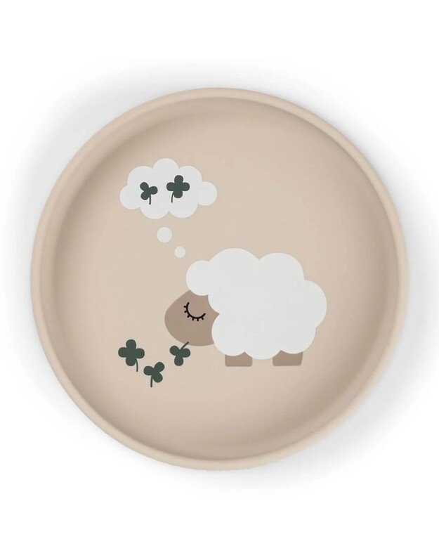 Done by Deer prilimpanti silikoninė lėkštė Stick&Stay Tiny Farm, smėlio spalvos