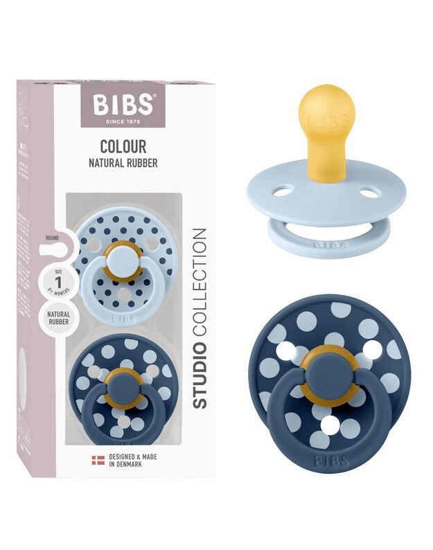 BIBS Studio Colour čiulptukai Polka - Baby Blue/Steel Blue, 2 vnt, įvairių dydžių
