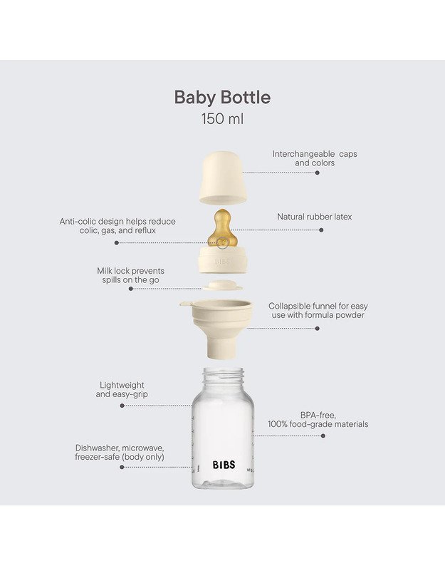 BIBS plastikinis buteliukas + lėtos tėkmės žindukas, 150 ml Ivory, baltas
