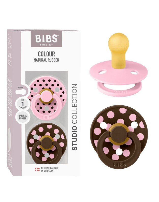 BIBS Studio Colour čiulptukai Polka - Baby Pink/Mocha, 2 vnt, įvairių dydžių
