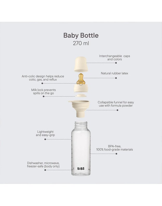 BIBS plastikinis buteliukas + vidutinės tėkmės žindukas, 270 ml Ivory, baltas