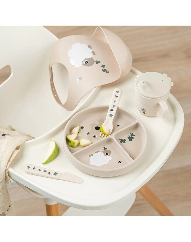 Done by Deer prilimpanti silikoninė lėkštė su skyriais Stick&Stay Tiny Farm, smėlio spalvos 1