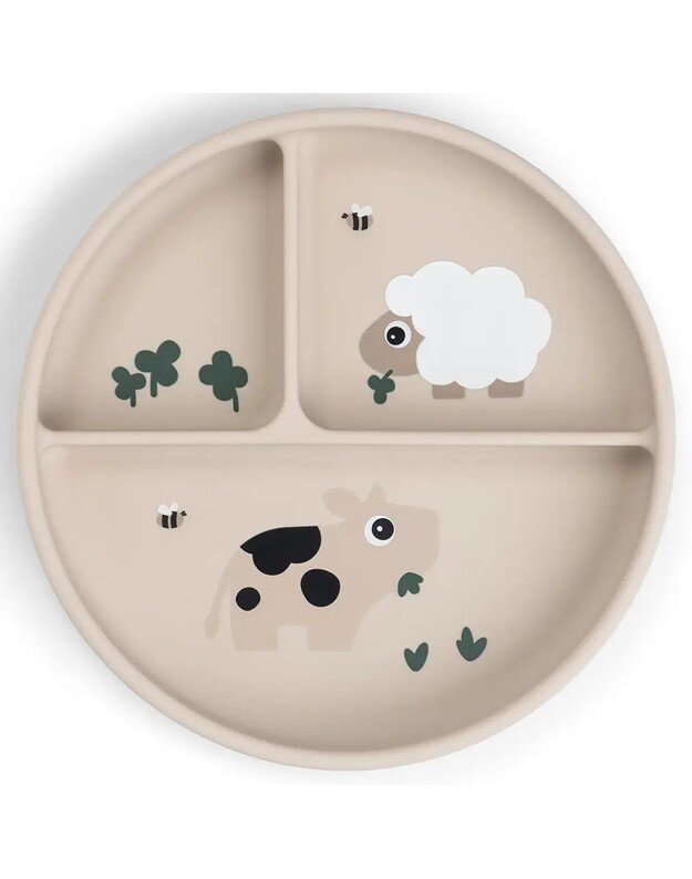 Done by Deer prilimpanti silikoninė lėkštė su skyriais Stick&Stay Tiny Farm, smėlio spalvos
