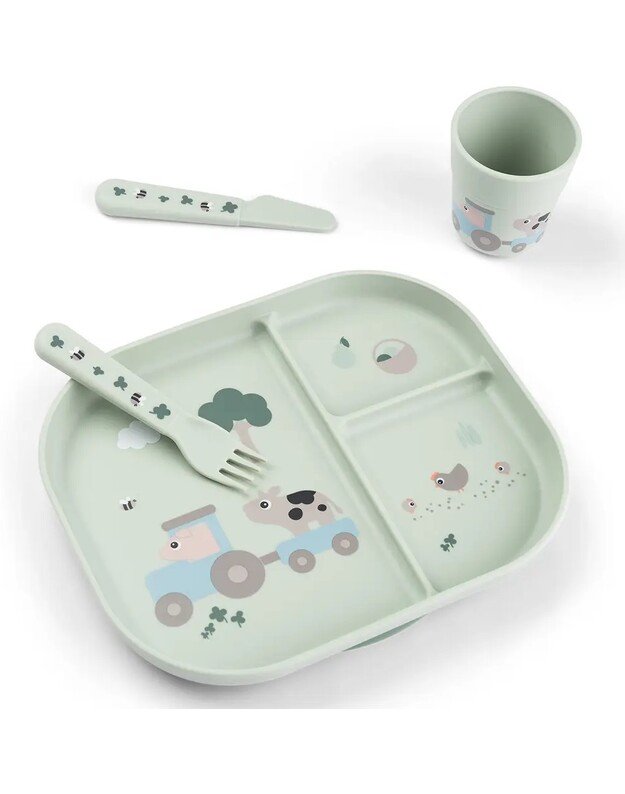 Done by Deer prilimpančių vaiko indų rinkinys Foodie Tiny Farm, žalias