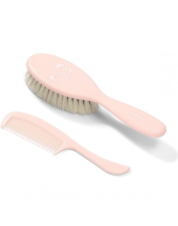 BabyOno natūralių šerių plaukų šepetys ir šukos, rausvi