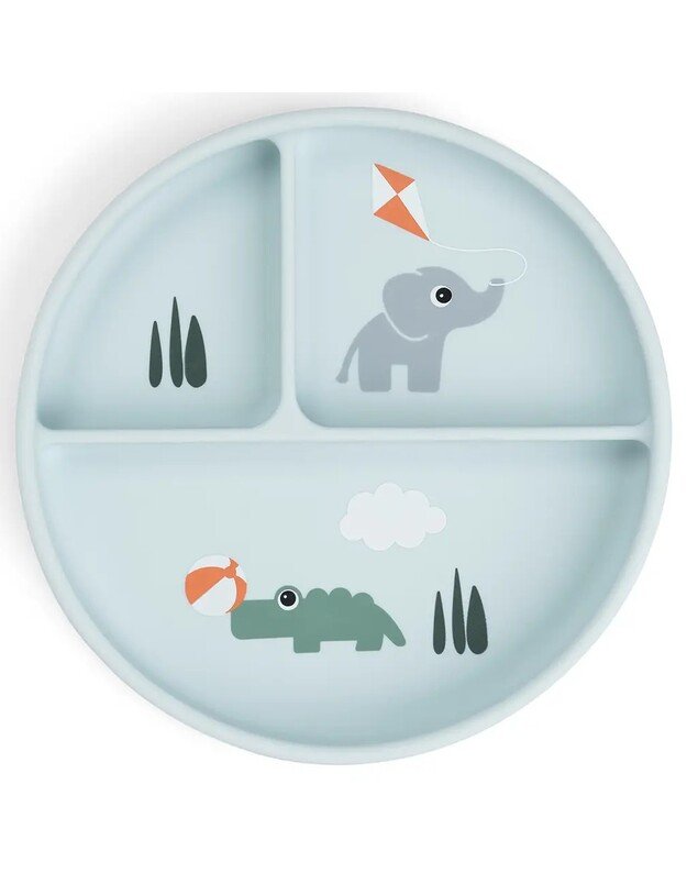 Done by Deer prilimpanti silikoninė lėkštė su skyriais Stick&Stay Playground, mėlyna