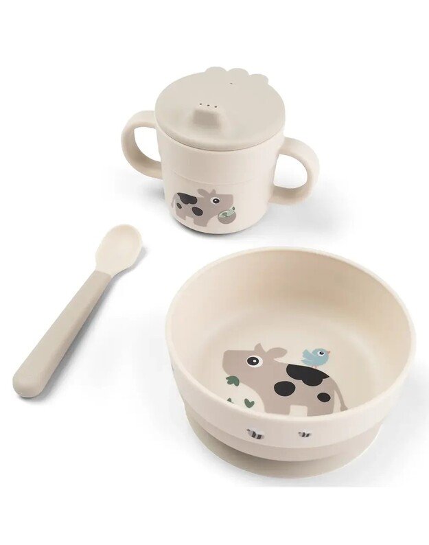 Done by Deer prilimpančių vaiko indų rinkinys Foodie Tiny Farm, smėlio spalvos