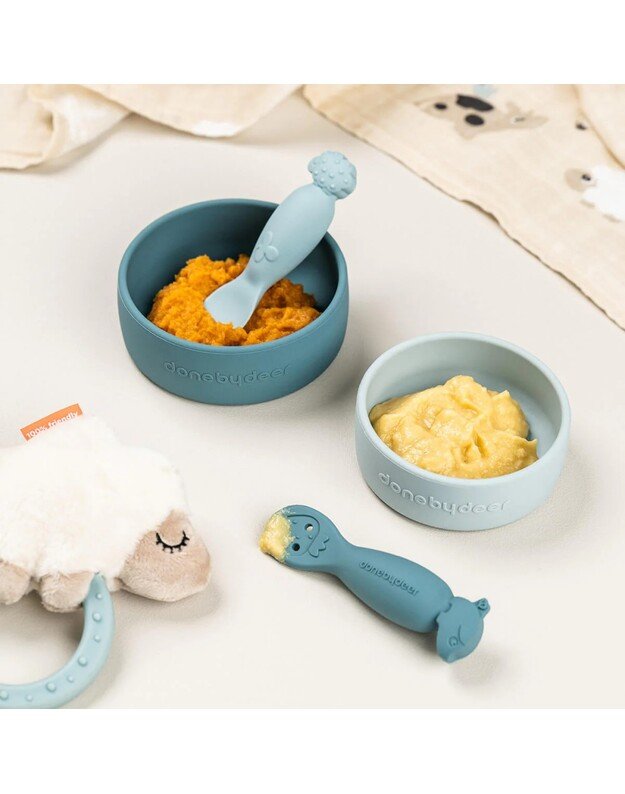 Done by Deer pirmieji (mokomieji) kūdikio maitinimo šaukšteliai Tiny Farm, 2 vnt, mėlyni