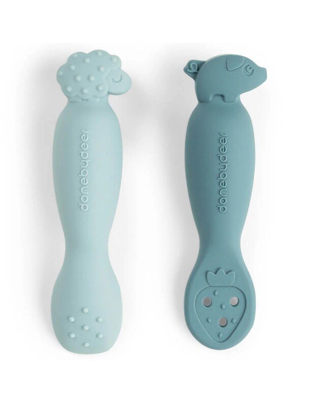 Done by Deer pirmieji (mokomieji) kūdikio maitinimo šaukšteliai Tiny Farm, 2 vnt, mėlyni