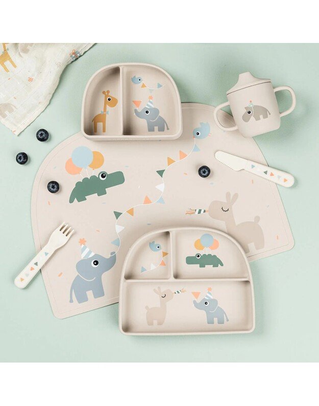 Done by Deer prilimpanti silikoninė lėkštė su skyriais Stick&Stay Celebration, smėlio spalvos