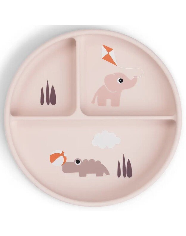 Done by Deer prilimpanti silikoninė lėkštė su skyriais Stick&Stay Playground, rausva