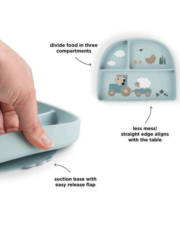 Done by Deer prilimpanti silikoninė lėkštė su skyriais Stick&Stay Tiny Farm, mėlyna