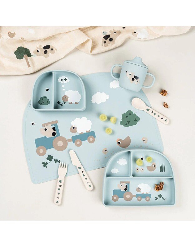 Done by Deer prilimpanti silikoninė lėkštė su skyriais Stick&Stay Tiny Farm, mėlyna