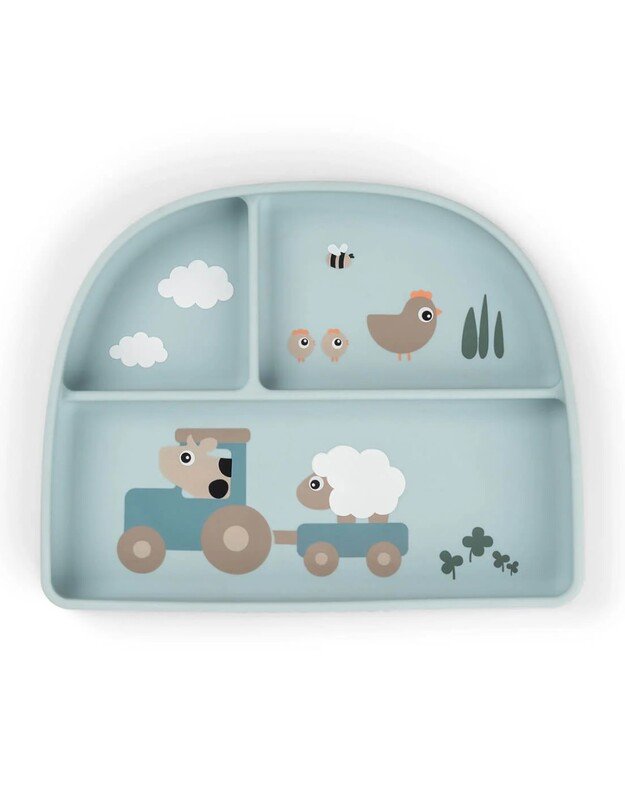 Done by Deer prilimpanti silikoninė lėkštė su skyriais Stick&Stay Tiny Farm, mėlyna