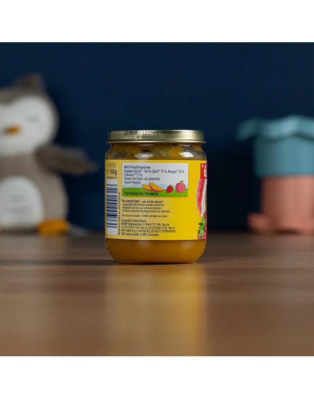 HiPP ekologiška tyrelė stiklainyje su mangais, braškėmis ir obuoliais nuo 6 mėn, 160g 2