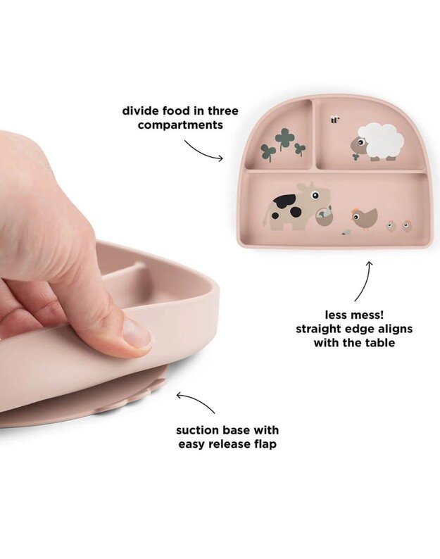 Done by Deer prilimpanti silikoninė lėkštė su skyriais Stick&Stay Tiny Farm, rausva