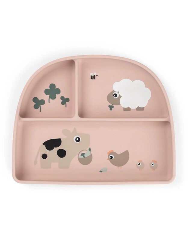 Done by Deer prilimpanti silikoninė lėkštė su skyriais Stick&Stay Tiny Farm, rausva