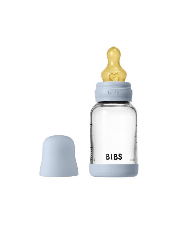 BIBS glass bottle + slow flow teat, 120 ml Baby Blue