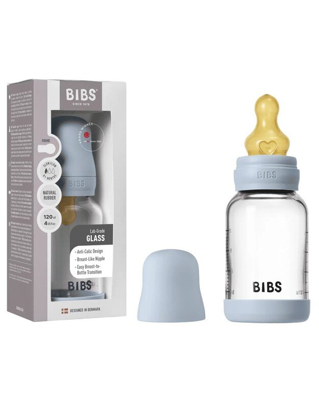BIBS glass bottle + slow flow teat, 120 ml Baby Blue 3