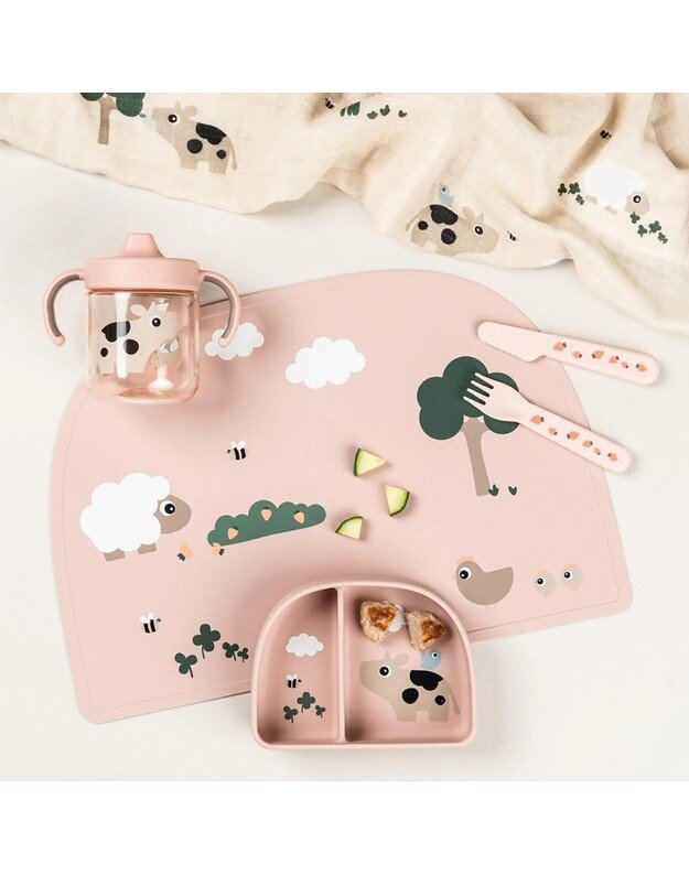 Done by Deer mokomoji gertuvė su snapeliu Tiny Farm, 260ml, rausva