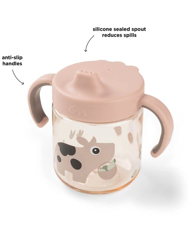 Done by Deer mokomoji gertuvė su snapeliu Tiny Farm, 260ml, rausva