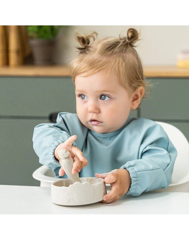 Done by Deer silikoninio dubenėlio ir šaukštelio rinkinys Stick & Stay Sheepy, smėlio spalvos