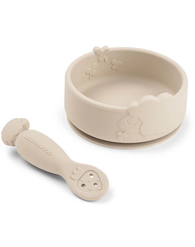 Done by Deer silikoninio dubenėlio ir šaukštelio rinkinys Stick & Stay Sheepy, smėlio spalvos