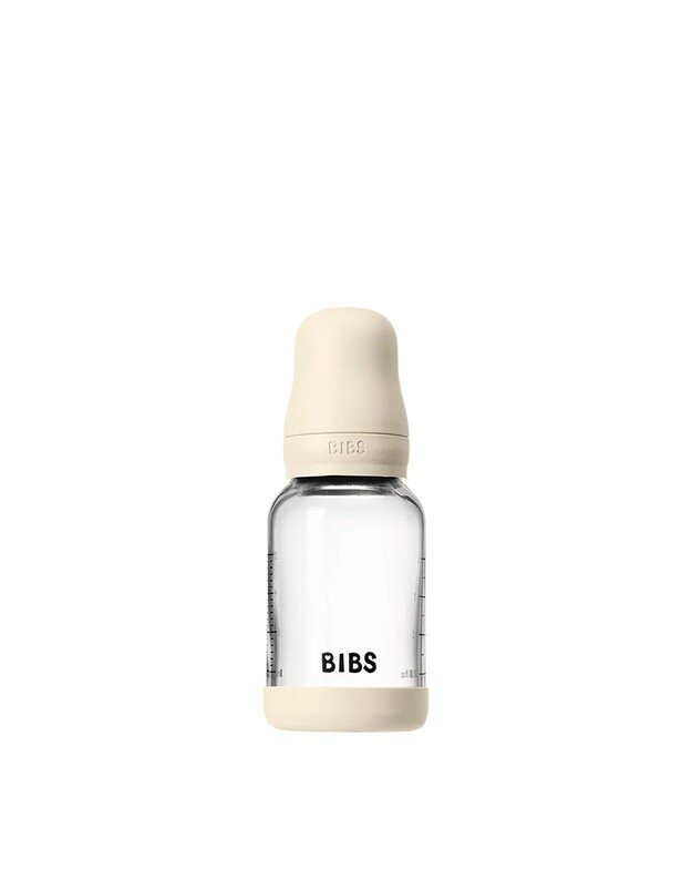 BIBS stiklinis buteliukas + lėtos tėkmės žindukas, 120 ml Ivory, baltas