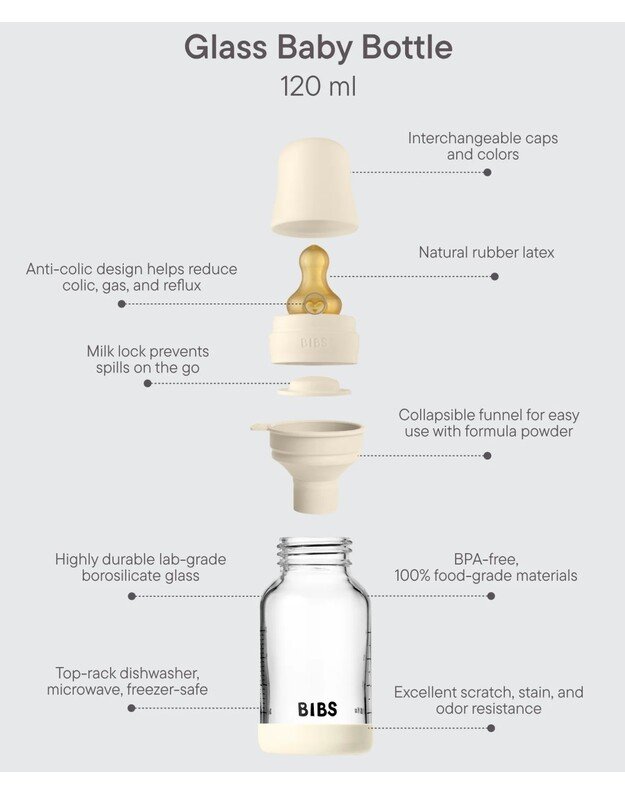 BIBS stiklinis buteliukas + lėtos tėkmės žindukas, 120 ml Ivory, baltas