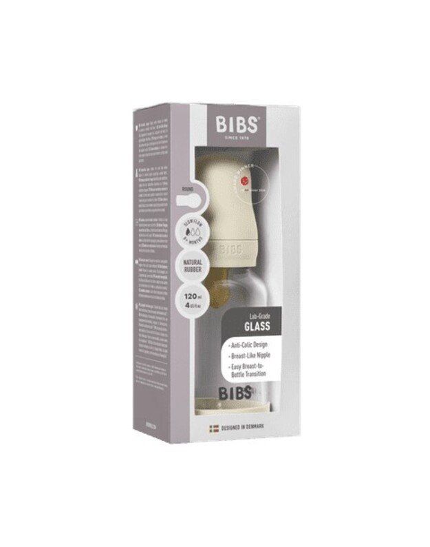 BIBS stiklinis buteliukas + lėtos tėkmės žindukas, 120 ml Ivory, baltas