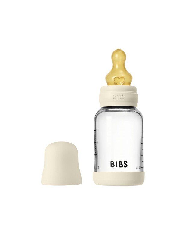 BIBS stiklinis buteliukas + lėtos tėkmės žindukas, 120 ml Ivory, baltas