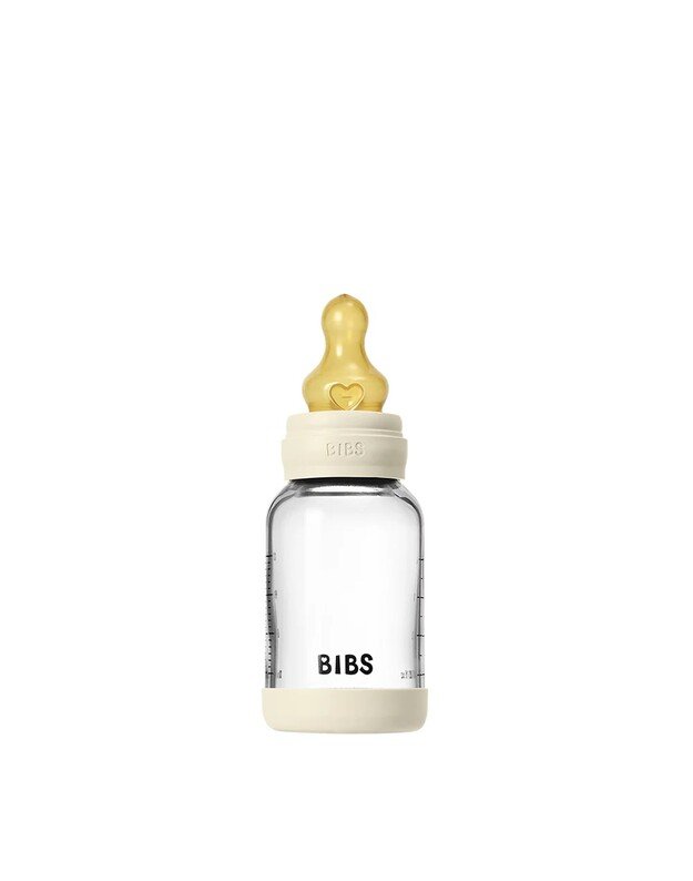 BIBS stiklinis buteliukas + lėtos tėkmės žindukas, 120 ml Ivory, baltas