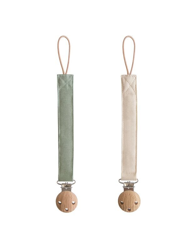 Mushie lininiai čiulptuko laikikliai Olive / Shifting Sand, 2vnt