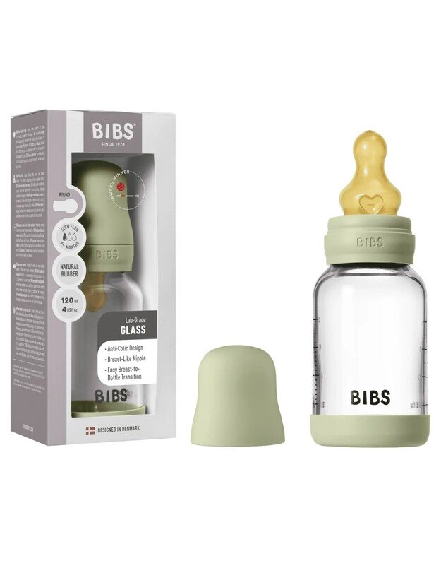 BIBS glass bottle + slow flow teat, 120 ml Sage 2