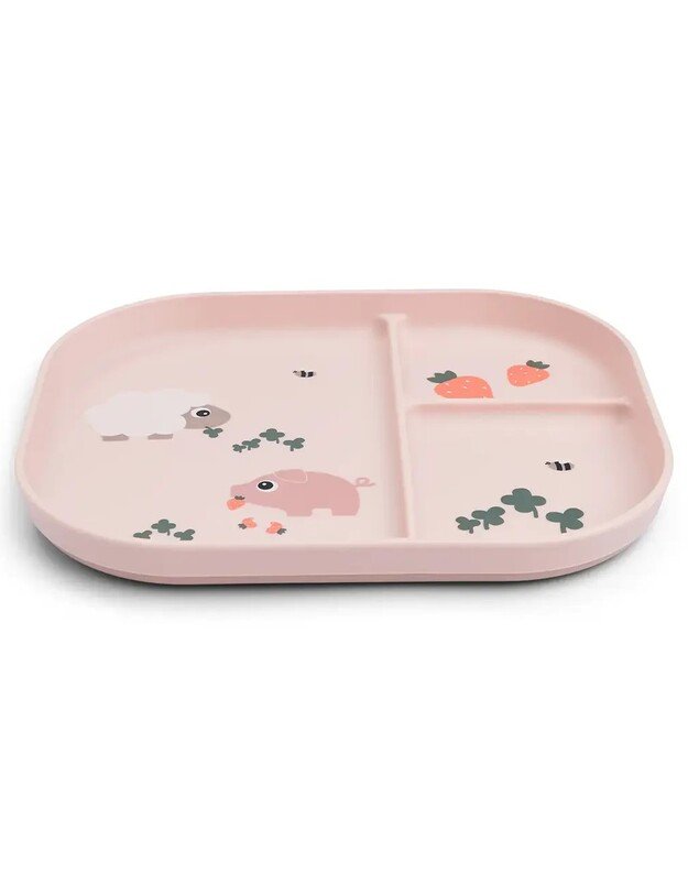 Done by Deer neslystanti lėkštė su skyriais Foodie Tiny Farm, rausva