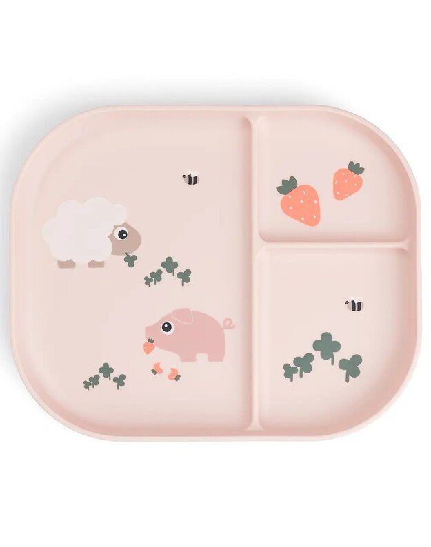 Done by Deer neslystanti lėkštė su skyriais Foodie Tiny Farm, rausva 1