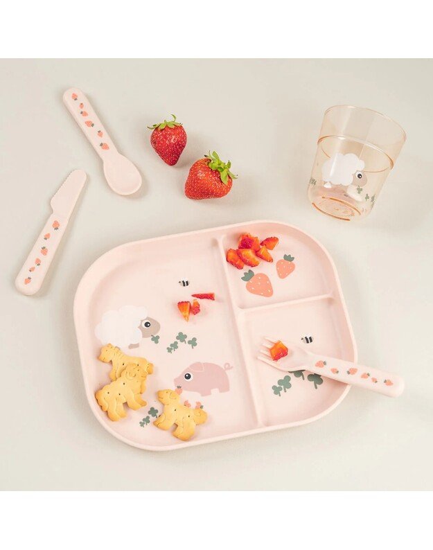 Done by Deer neslystanti lėkštė su skyriais Foodie Tiny Farm, rausva 2