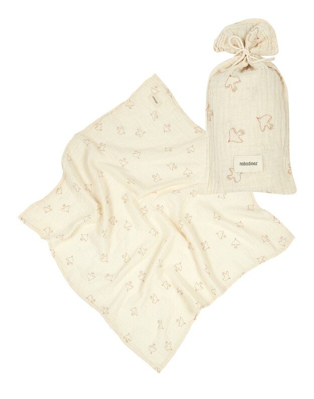 Nobodinoz dvigubo muslino pledukas WABI-SABI BROWN HOSHI BIRDS