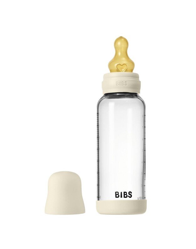 BIBS stiklinis buteliukas + vidutinės tėkmės žindukas, 240 ml Ivory, baltas