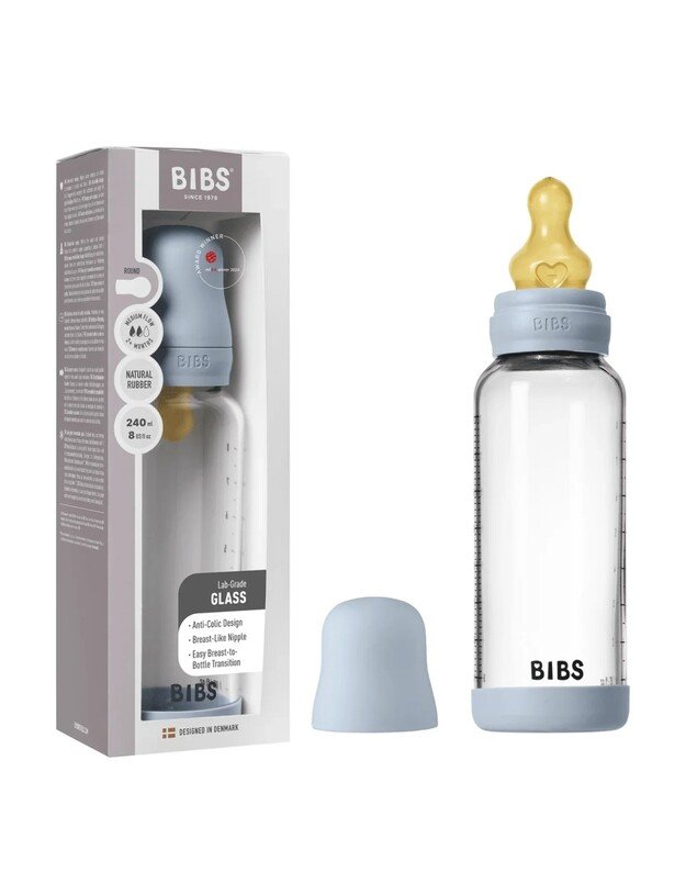 BIBS glass bottle + medium flow teat, 240 ml Baby Blue 1