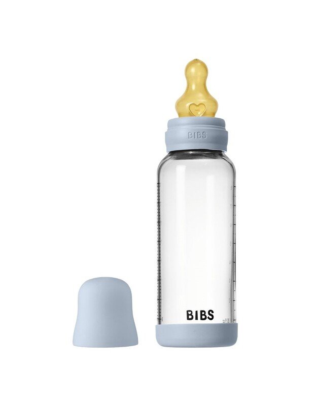 BIBS glass bottle + medium flow teat, 240 ml Baby Blue