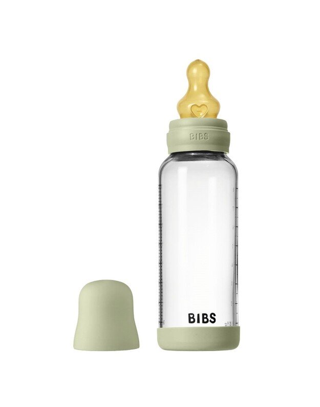 BIBS stiklinis buteliukas + vidutinės tėkmės žindukas, 240 ml Sage, žalias