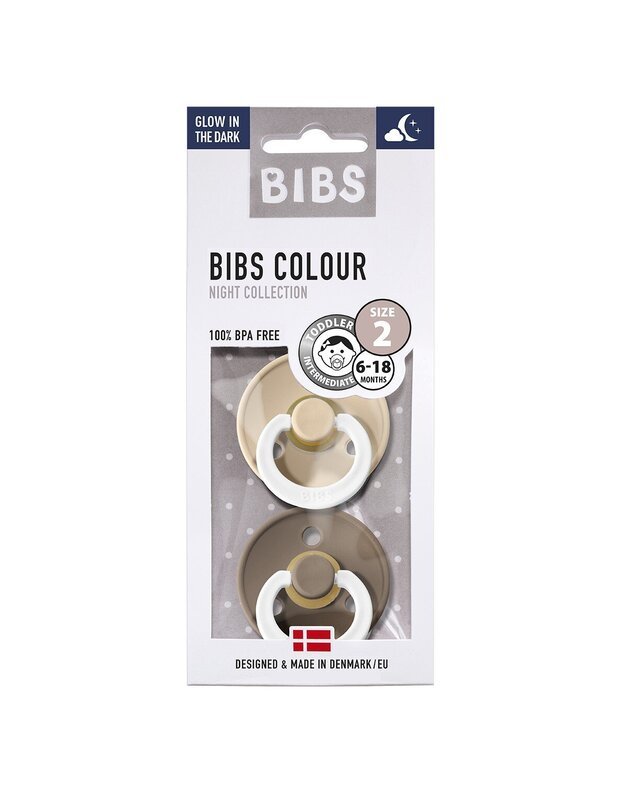 BIBS Colour tamsoje šviečiantys čiulptukai Vanilla / Dark Oak 0-6mėn, 2 vnt