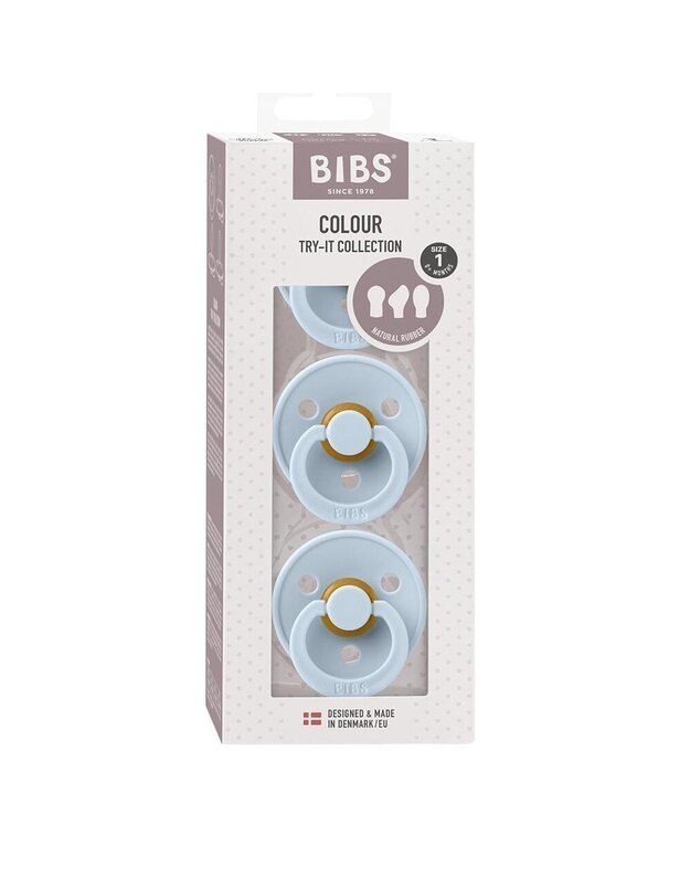 BIBS Colour Try-it čiulptukų kolekcija (vyšnios formos/simetriškas/anatominis) Baby Blue 0-6 mėn, 3 vnt