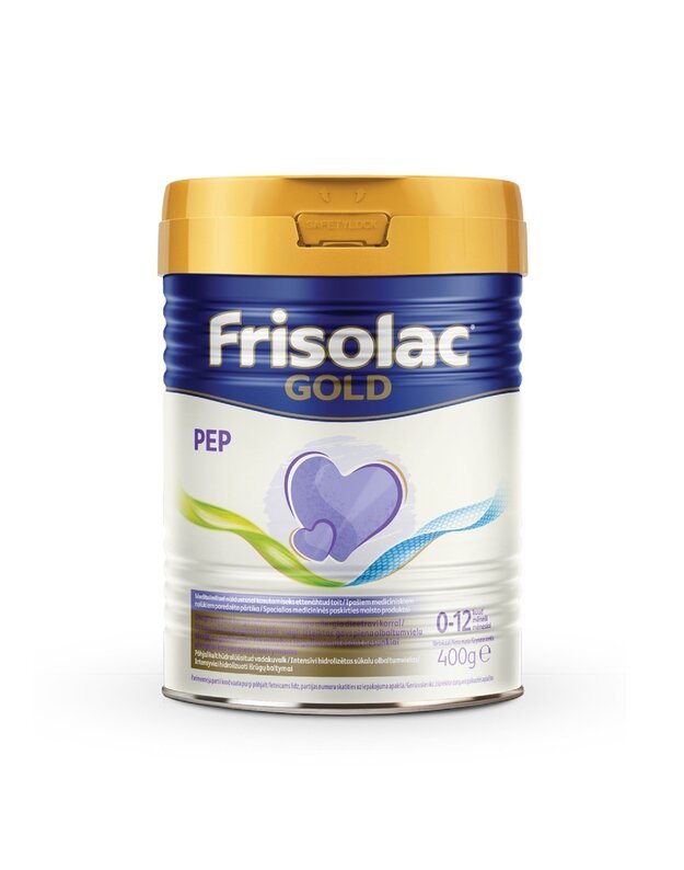 FRISOLAC GOLD PEP specialios paskirties pieno mišinys alergiškiems kūdikiams nuo gimimo iki 12 mėn., 400 g