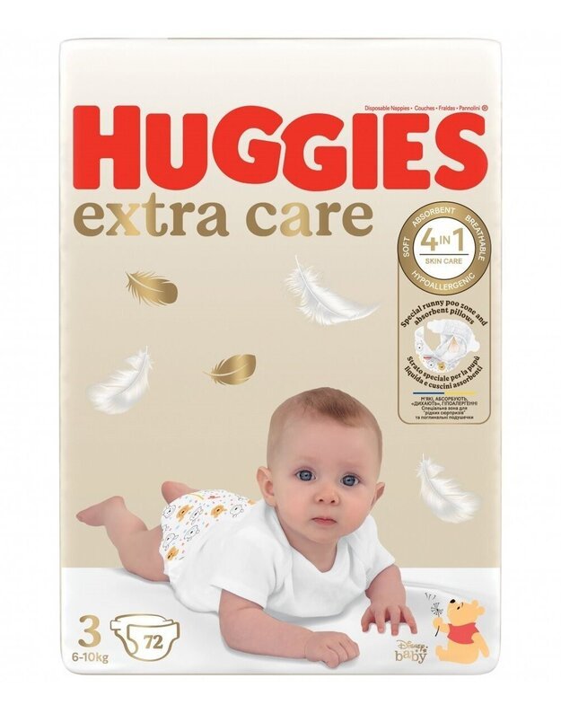 HUGGIES EXTRA CARE vienkartinės sauskelnės 3, 6-10 kg, 72 vnt